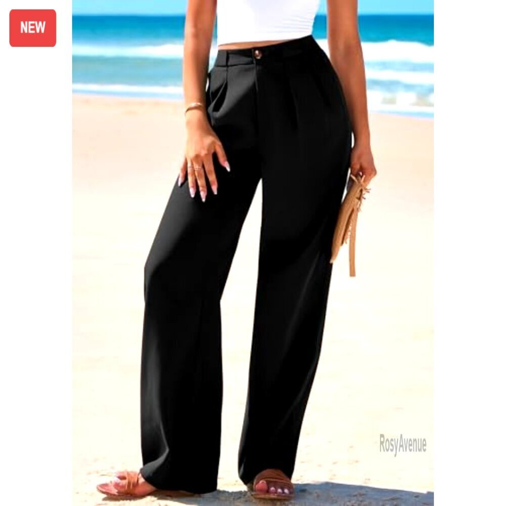 High Waisted Wide Leg Palazzo Pants, Office Work Trousers, Elastic Waist - Picture 6 of 7